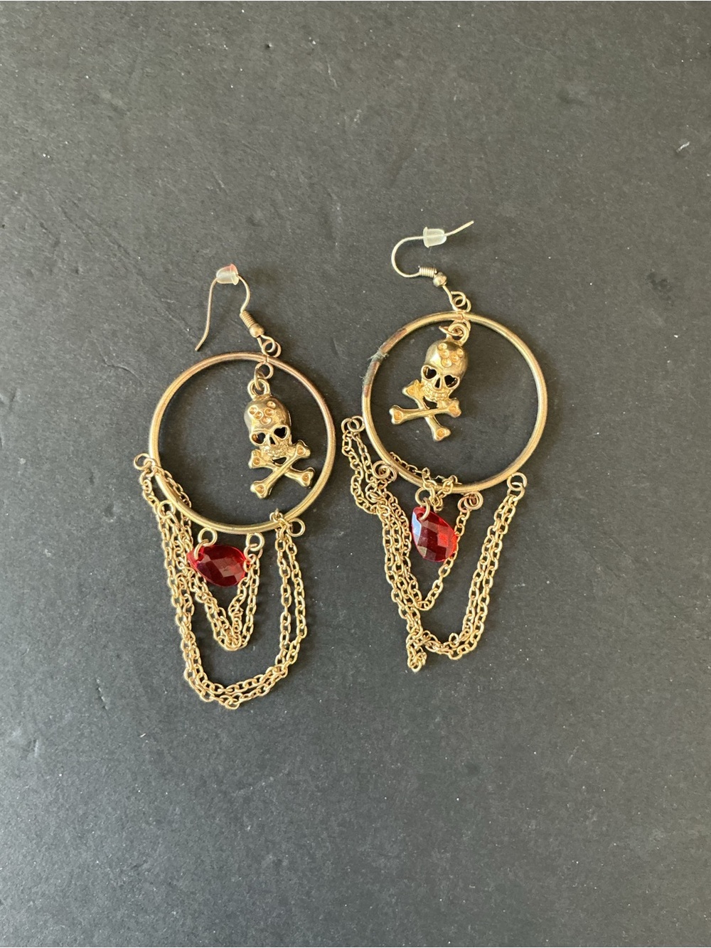 Source Unknown Gold Skull Hoop Earrings with Red Crystal Drops